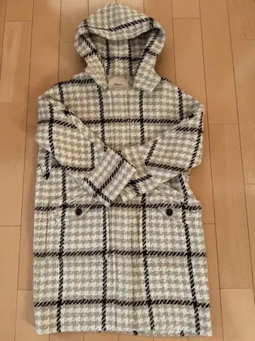 Maglie par ef-de 더플 코트풍 체크 무늬 후드 부착 롱 코트