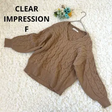 클리어 임프레션 케이블 짜임 V넥 니트 퍼프 소매 베이지 F