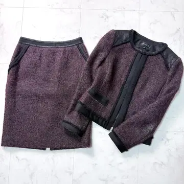 새상품급 EPOCA 트위드 셋업 노카라 자켓 스커트 보르도