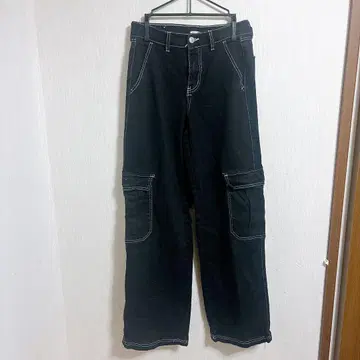 블랙 데님 카고 팬츠 스티치 [ S ]