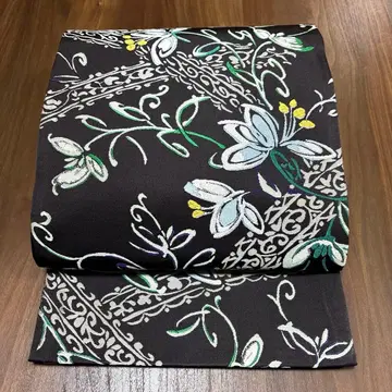 순수 실크 육통 후쿠로 오비 [ 꽃+덩굴 패턴 라인 ]