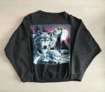 90s 늑대 울프 애니멀 맨투맨 페이드 짧은 기장 블랙