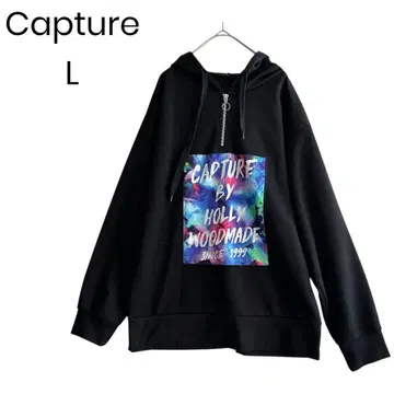 [ Capture ] 하프 지퍼 후드티 프린트 블랙 스트릿 L 1466