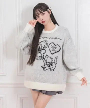 허니 시나몬 트윈 캣츠 자카드 니트 원피스