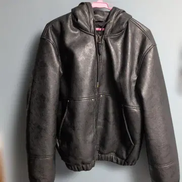 ZARA 후드 부착 블랙 가죽풍 자켓 M