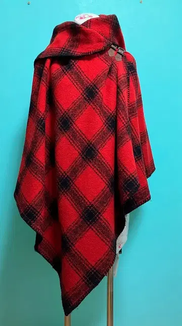 랄프 로렌 빨간색 블랙 체크 버팔로 울 판초 여성용 프리 사이즈