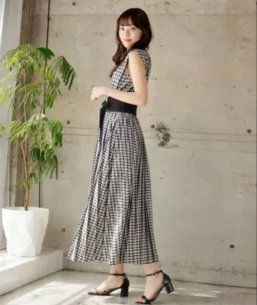 [ LADY MADE ] 스퀘어 숄더 플리츠 셔츠 원피스 깅엄 M