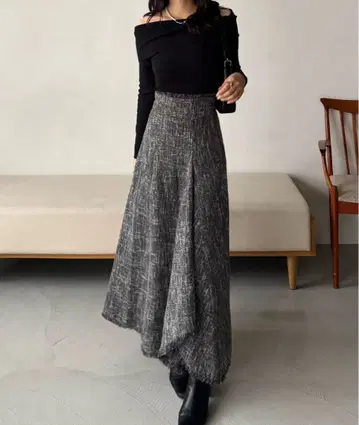 Junoah 하이웨스트 트위드 프린지 플레어 스커트