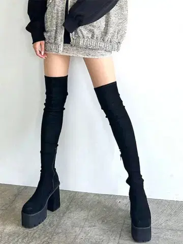 EMODA 스퀘어 탱크 롱부츠 니하이 부츠 스웨이드 통굽 L 사이즈