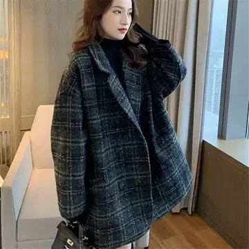 네이비 계열 체크 오버사이즈 코트