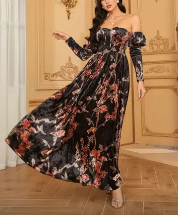 오프숄더 꽃무늬 롱 원피스