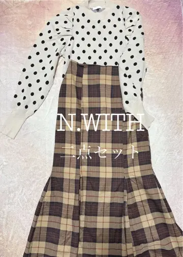 N.WITH 도트 자카드 니트 & 체크 머메이드 플레어 스커트 세트 F