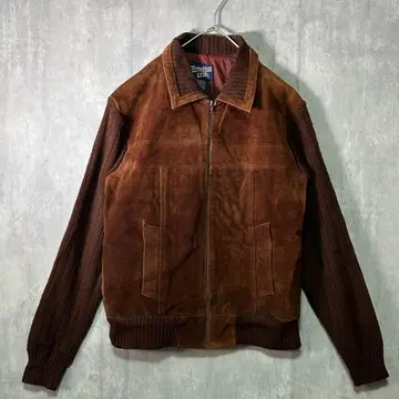 빈티지 가죽 니트 절개 블루종 브라운 천연 가죽