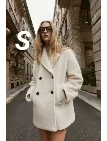 ZARA 부클레 더블 브레스트 미디 기장 코트 S 에크루