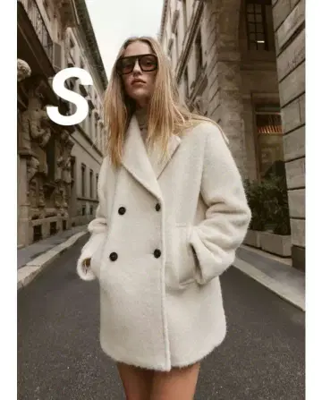 ZARA 부클레 더블 브레스트 미디 기장 코트 S 에크루