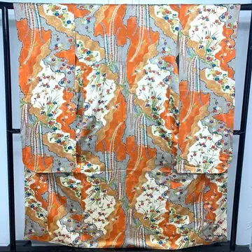 D22 순수 실크 후리소데 꽃 무늬 오렌지 계열 성인식 기모노