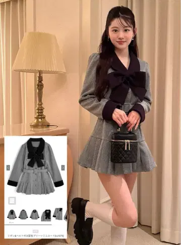 GRL 리본&벨트 포함 배색 플리츠 미니 코트