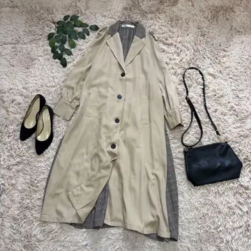 6870 고베 레터스 롱 코트/트렌치풍/베이지 계열/절개/체크/얇은 소재