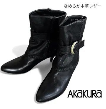 새상품급 아카쿠라 천연 가죽 스틸레토 벨트 숏부츠 블랙