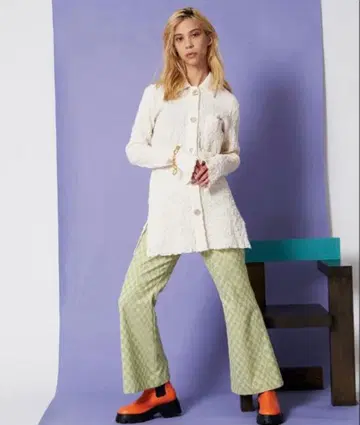 MAISON SPECIAL 체크 무늬 플레어 팬츠 그린