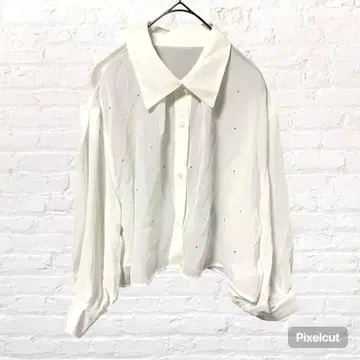 50108 NOW NOW 큐빅 시어 블라우스 화이트 퍼프 슬리브