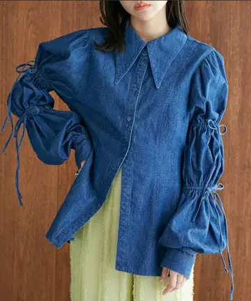 ViS 데님 셔츠 긴팔 셔츠 허리 라인