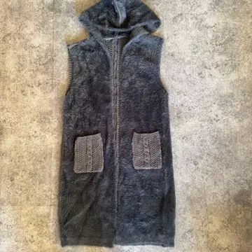 블루 그레이 후드 부착 퍼 베스트 복슬복슬 베스트