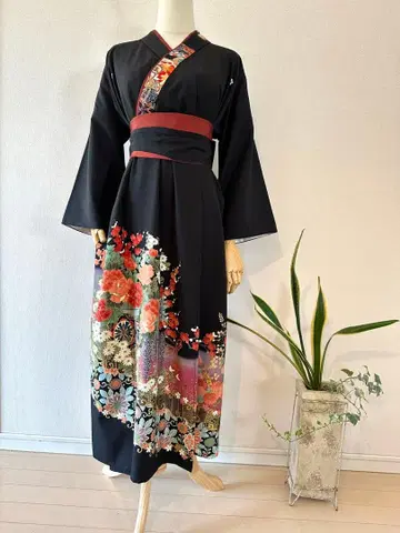 검정 토메소데 리메이크 토메소데 드레스 하나미시마 패턴 프리 사이즈