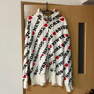 I Love NY 집업 후드티 화이트 올 패턴 하트