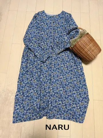NARU 긴팔 꽃무늬 코듀로이 롱 원피스 루즈핏