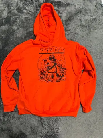사사프라스 오렌지 후드 부착 후드티 그래픽 프린트