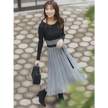 MERCURYDUO 자카드 플레어 니트 원피스