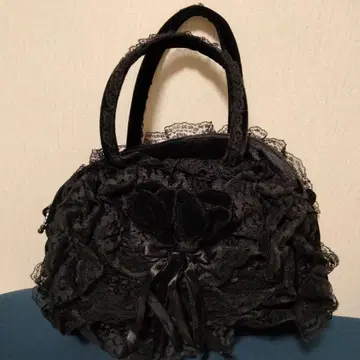 꽃무늬 레이스 미니 보스턴 백 레이스 & 벨로아 소재 히메 스타일 블랙