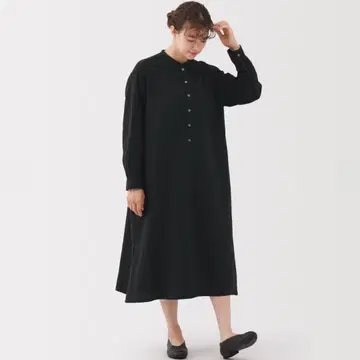 무인양품 카폭 혼방 이중 거즈 긴팔 원피스 블랙 M 사이즈