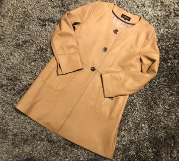 한국제 가죽 롱 코트 노카라 베이지 빈티지