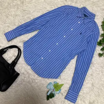 컨디션 최상 랄프 로렌 긴팔 셔츠 홀스 로고 블루 스트라이프 코튼 M