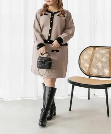 빅 사이즈 CLETTE 오리지널 바이컬러 니트 가디건 & 스커트