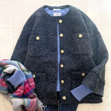 라운지 드레스 노카라 트위드 자켓 그레이 골드 버튼