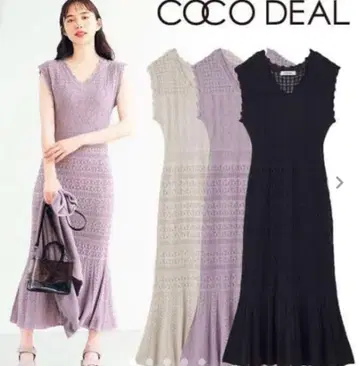 COCODEAL 시스루 레이스 패턴 니트 플레어 원피스 블랙