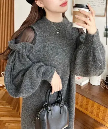 moment 퍼프 슬리브 니트 원피스 그레이 베이지