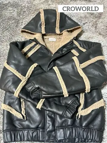지하인 온라인 CROWORLD PU 가죽 보아 자켓 Y2K 블랙 XL