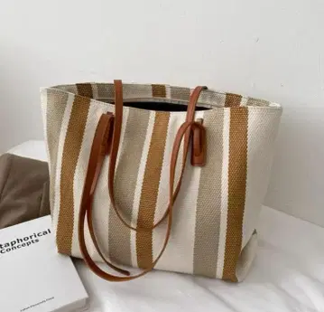 스트라이프 디자인 에코백 베이지 브라운