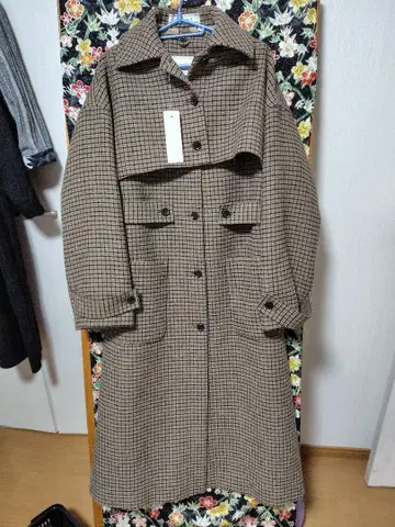 GU 2피스 체크 무늬 롱 코트 M 사이즈