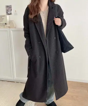 페이크 울 벨트 더블 체스터 코트