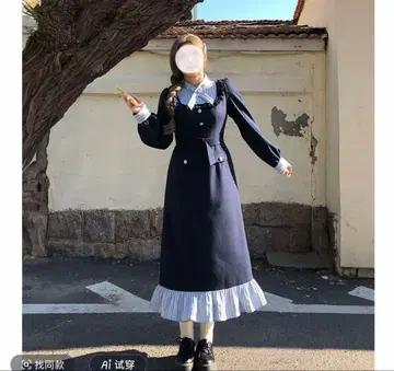 네이비 긴팔 프릴 원피스