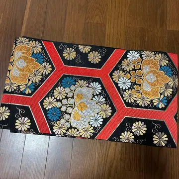 후쿠로 오비 거북이 등껍질 무늬에 꽃무늬 순수 실크 후리소데용