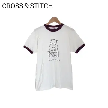 크로스 스티치 링거 T셔츠 프린트 곰 애니멀 여성용 화이트