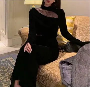 비대칭 블랙 타이트 드레스 한국 스타일