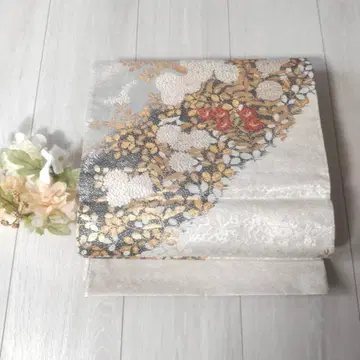 후쿠로 오비 베이지 골드 블랙 실버 초화 고급 차분한 기모노 OBI