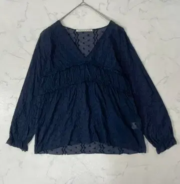 네이비 프릴 V넥 긴팔 블라우스